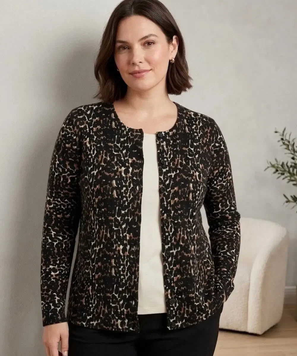 Talbots Leopard Print Cardigan Sweater L 100% Merino Wool Button Front